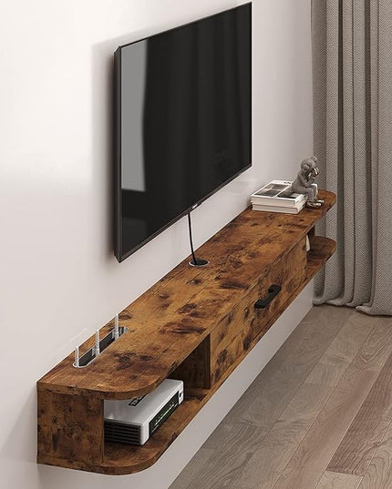 Floating TV Unit, 63'' Wall Mounted TV Cabinet, Floating Shelves with Door, Modern Entertainment Media Console Center Large Storage TV Bench for Living Room & Office (62.99IN, Rustic Brown) - LeafyLoom