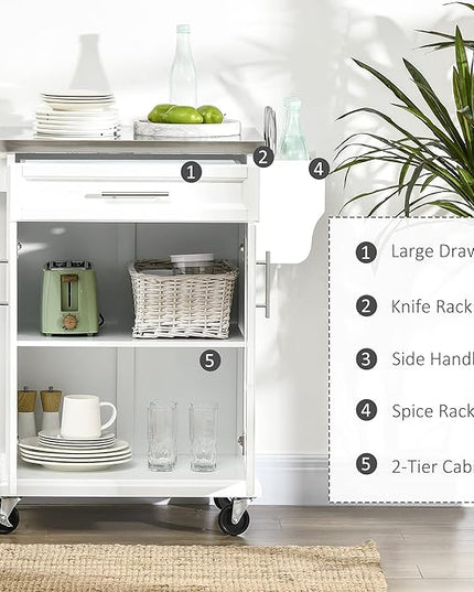 HOMCOM Kitchen Island on Wheels, Rolling Kitchen Cart with Stainless Steel Countertop, Drawer, Towel Rack and Spice Rack, Utility Storage Trolley, White - LeafyLoom
