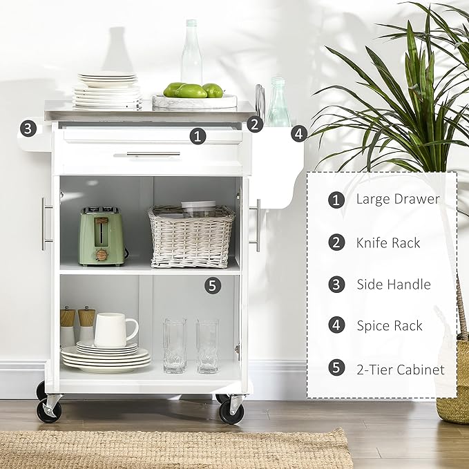 HOMCOM Kitchen Island on Wheels, Rolling Kitchen Cart with Stainless Steel Countertop, Drawer, Towel Rack and Spice Rack, Utility Storage Trolley, White - LeafyLoom