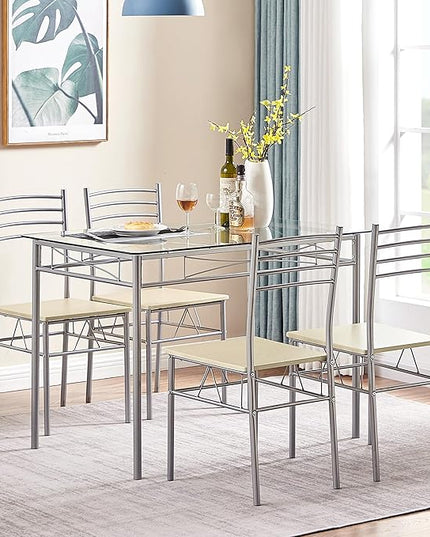 VECELO 5 Piece Dining Table Set for 4 with Chairs, Glass Top, Small Space, Silvery - LeafyLoom
