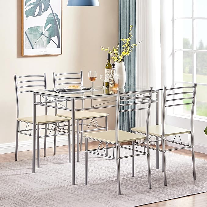 VECELO 5 Piece Dining Table Set for 4 with Chairs, Glass Top, Small Space, Silvery - LeafyLoom