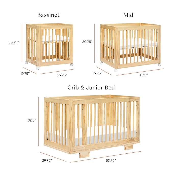 Babyletto Yuzu Convertible All-Stages Bassinet, Midi, Full-Size Crib in Natural, Greenguard Gold Certified, Portable & Adjustable with Conversion Kits and Pads Included - LeafyLoom