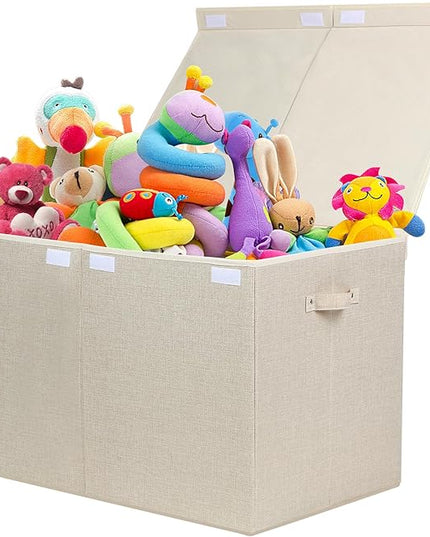 popoly 122L Large Toy Box Chest with Lid, Foldable Toy Storage Organizer Bin Boxes with Removable Divider for Kids, Boys, Girls, Nursery, Playroom, 26"x17" x17" (Linen Beige) - LeafyLoom