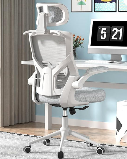 Ergonomic Office Chair, High Back Mesh Desk Chair with Thick Molded Foam Cushion, Coat Hanger, Adjustable Headrest, Lumbar Support, Tilt & Lock Function - Computer Chair (Light Grey) - LeafyLoom