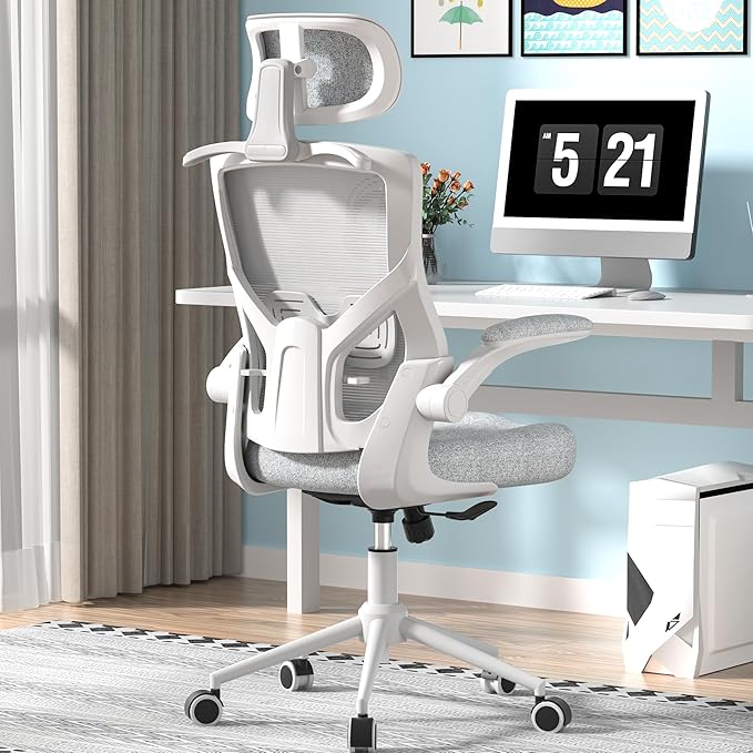 Ergonomic Office Chair, High Back Mesh Desk Chair with Thick Molded Foam Cushion, Coat Hanger, Adjustable Headrest, Lumbar Support, Tilt & Lock Function - Computer Chair (Light Grey) - LeafyLoom