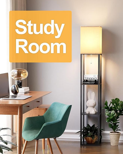 Floor Lamp with Shelves for Living Room, Shelf Floor Lamp with 3 CCT LED Bulb, Corner Display Standing Column Lamp Etagere Organizer Tower Nightstand with White Linen Shade for Bedroom, Office - LeafyLoom