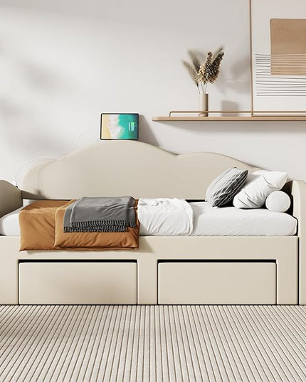 Twin Size Velvet Upholstered Daybed with Cloud-Shaped Backrest and Trundle,Wooden Storage Bed Frame W/Drawers & USB Ports,Convert to King-Size Bed,for Living Room Apartment Beige - LeafyLoom