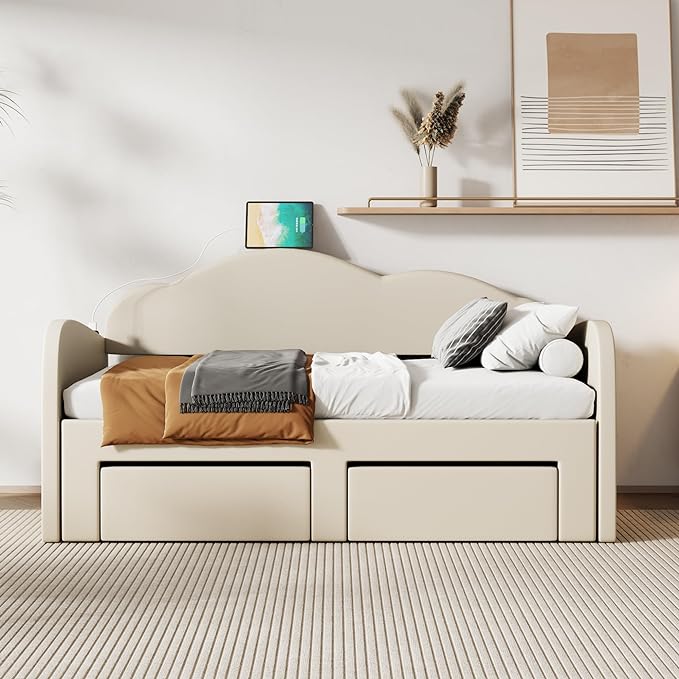 Twin Size Velvet Upholstered Daybed with Cloud-Shaped Backrest and Trundle,Wooden Storage Bed Frame W/Drawers & USB Ports,Convert to King-Size Bed,for Living Room Apartment Beige - LeafyLoom