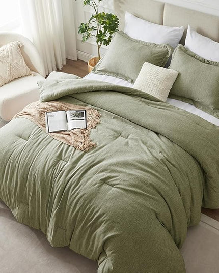 CozyLux King Size Comforter Set - 3 Pieces Olive Green Soft Luxury Cationic Dyeing Bedding Comforter for All Season, Breathable Lightweight Fluffy Boho Bed Sets with 1 Comforter and 2 Pillow Shams - LeafyLoom