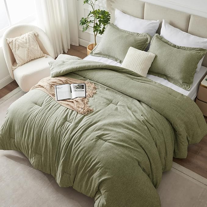 CozyLux King Size Comforter Set - 3 Pieces Olive Green Soft Luxury Cationic Dyeing Bedding Comforter for All Season, Breathable Lightweight Fluffy Boho Bed Sets with 1 Comforter and 2 Pillow Shams - LeafyLoom