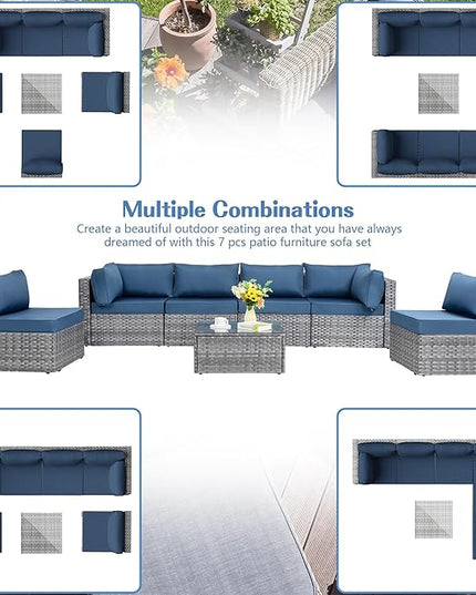 Shintenchi 7 Pieces Outdoor Patio Sectional Sofa Couch, Silver Gray PE Wicker Furniture Conversation Sets with Washable Cushions & Glass Coffee Table for Garden, Poolside, Backyard (Aegean Blue) - LeafyLoom