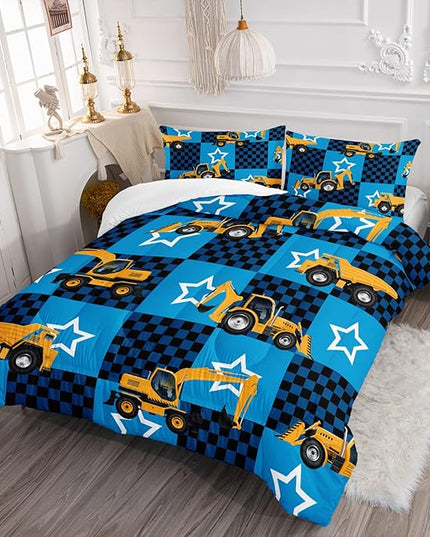 Axolotl Excavator Comforter Set Full Size,Blue Plaid Comforter Set with Star,Excavator Bedding Set for Kids Boys Teens,Construction Vehicle Comforter Set for Boys,1 Quilt 2 Pillowcases - LeafyLoom