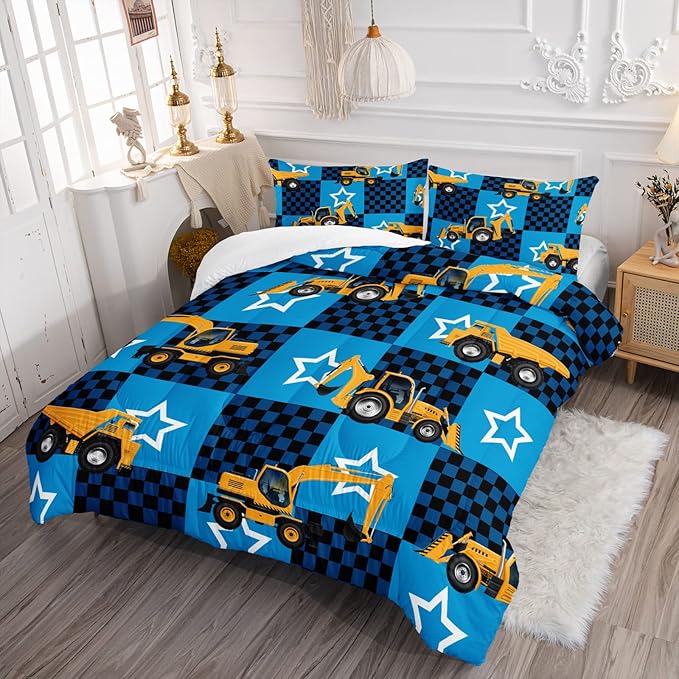 Axolotl Excavator Comforter Set Queen Size,Blue Plaid Comforter Set with Star,Excavator Bedding Set for Kids Boys Teens,Construction Vehicle Comforter Set for Boys,1 Quilt 2 Pillowcases - LeafyLoom
