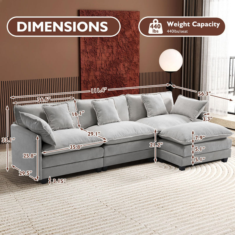 Ihanherry 111.4" L Shaped Modern Sofa Modular Sectional Cloud Couch with Ottoman, 4-Seat Chenille Deep Seat Sofa with Pillow for Living Room, Bedroom and Apartment, Beige LeafyLoom