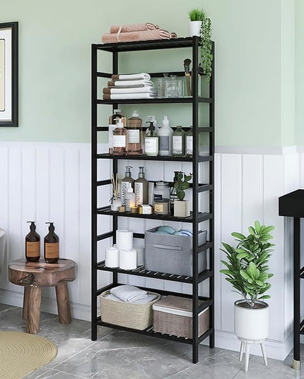 Bamboo Bookshelf, 6-Tier Tall Open Bookcase with Adjustable Shelves, Floor Standing Storage Shelf Unit for Living Room Bathroom Home Office, Black - LeafyLoom