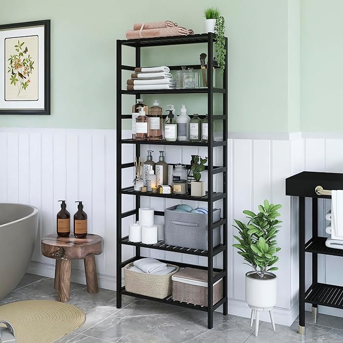 Bamboo Bookshelf, 6-Tier Tall Open Bookcase with Adjustable Shelves, Floor Standing Storage Shelf Unit for Living Room Bathroom Home Office, Black - LeafyLoom