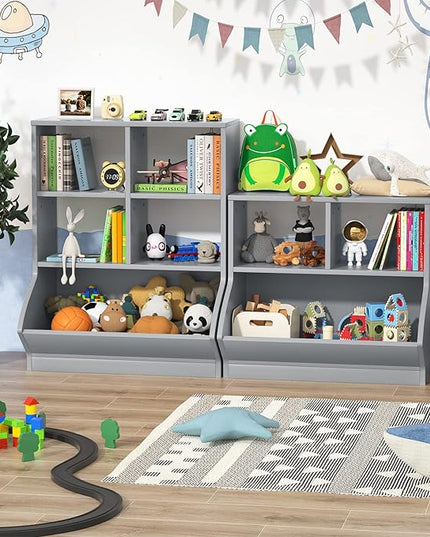 Aheaplus Toy Storage Organizer with Bookcase, 3 Cubby Bookshelf Toy Storage Cabinet, Open Multi-Bins Toys&Books Storage Display Organizer for Playroom, Bedroom, Nursery, School, Grey - LeafyLoom