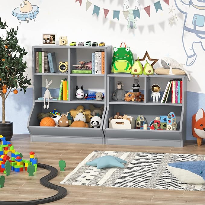Aheaplus Toy Storage Organizer with Bookcase, 3 Cubby Bookshelf Toy Storage Cabinet, Open Multi-Bins Toys&Books Storage Display Organizer for Playroom, Bedroom, Nursery, School, Grey - LeafyLoom