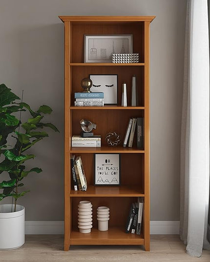 SIMPLIHOME Amherst SOLID WOOD 30 Inch Transitional 5 Shelf Bookcase in Light Golden Brown, For the Living Room, Study Room and Office - LeafyLoom