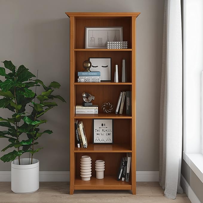 SIMPLIHOME Amherst SOLID WOOD 30 Inch Transitional 5 Shelf Bookcase in Light Golden Brown, For the Living Room, Study Room and Office - LeafyLoom