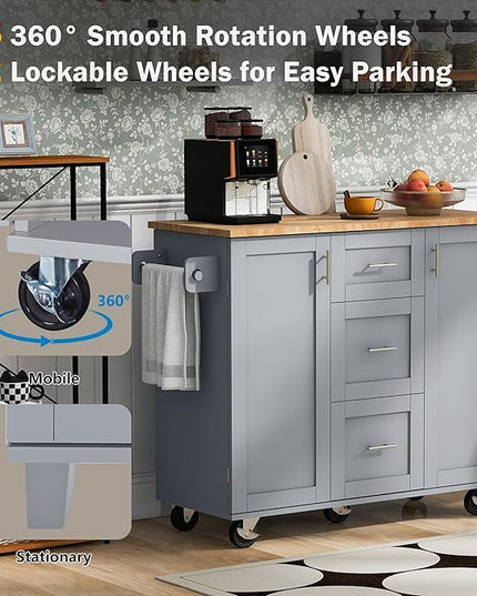 Kitchen Island with Storage, Rolling Extended Table on Wheels w/3 Drawer, 2 Slide-Out Shelf and Internal Storage Spice&Tower Rack for Dinning Room - LeafyLoom