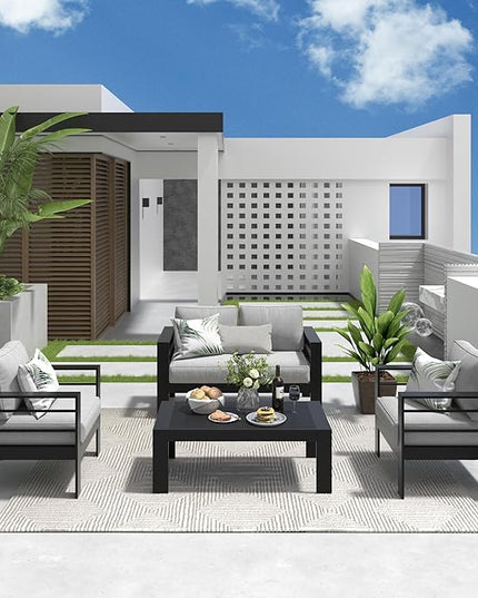Solaste Outdoor Aluminum Furniture Set - 4 Pieces Patio Sectional Chat Sofa Conversation Set with Table,Black Frame and Grey Cushion - LeafyLoom