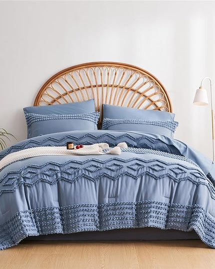 KAKIJUMN Blue Tufted 7-Piece Queen Comforter Set, Shabby Chic Boho Comforter and Sheet Set, All Season Soft Microfiber Complete Bedding Set - LeafyLoom