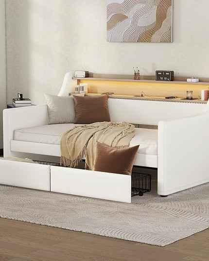 Twin Size Daybed with 2 Storage Drawers, Upholstered Daybed with Charging Station and LED Lights, PU Leather Fabric Bedframe w/Headboard & Wood Slat Support for Living Room, White - LeafyLoom
