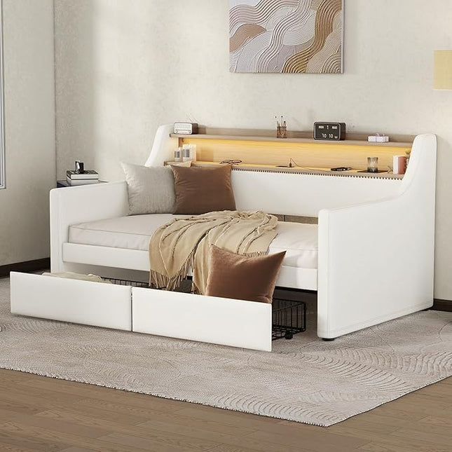 Twin Size Daybed with 2 Storage Drawers, Upholstered Daybed with Charging Station and LED Lights, PU Leather Fabric Bedframe w/Headboard & Wood Slat Support for Living Room, White - LeafyLoom