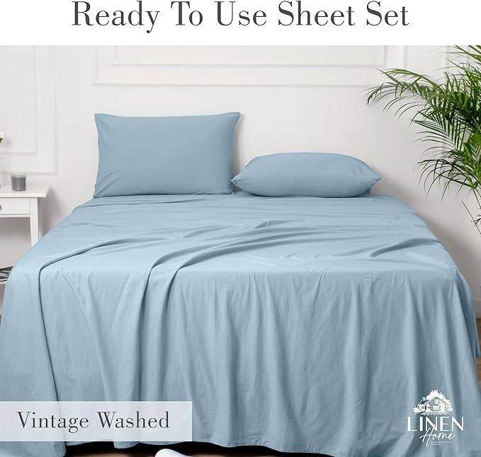 Linen Home Washed Cotton Percale King Sheet Set, Baby Blue, Deep Pocket, 4 Pieces Bed Sheets - 1 Flat Sheet, 1 Fitted Sheet & 2 Envelope Closure Pillowcases, Cool and Comfortable Bed Linen - LeafyLoom