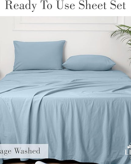 Linen Home Washed Cotton Percale Queen Sheet Set, Baby Blue, Deep Pocket, 4 Pieces Bed Sheets - 1 Flat Sheet, 1 Fitted Sheet & 2 Envelope Closure Pillowcases, Cool and Comfortable Bed Linen - LeafyLoom