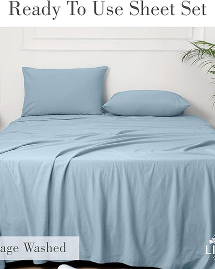 Linen Home Washed Cotton Percale Twin Sheet Set, Baby Blue, Deep Pocket, 3 Pieces Bed Sheets - 1 Flat Sheet, 1 Fitted Sheet & 1 Envelope Closure Pillowcase, Vintage Wash, Cool Preshrunk Bedsheet - LeafyLoom