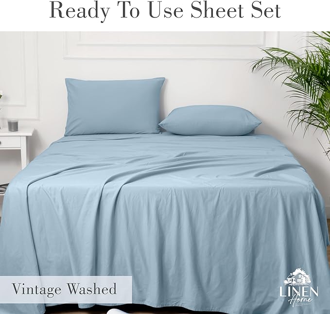 Linen Home Washed Cotton Percale Twin Sheet Set, Baby Blue, Deep Pocket, 3 Pieces Bed Sheets - 1 Flat Sheet, 1 Fitted Sheet & 1 Envelope Closure Pillowcase, Vintage Wash, Cool Preshrunk Bedsheet - LeafyLoom