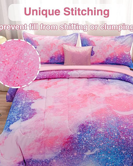 A Nice Night Galaxy Bedding Sets Outer Space Comforter 3D Printed Space Quilt Set Twin 6Pcs Glitter Pink,for Children Boy Girl Teen Kids - LeafyLoom