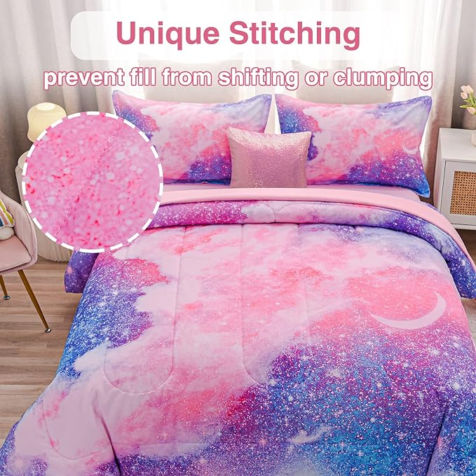 A Nice Night Galaxy Bedding Sets Outer Space Comforter 3D Printed Space Quilt Set Twin 6Pcs Glitter Pink,for Children Boy Girl Teen Kids - LeafyLoom