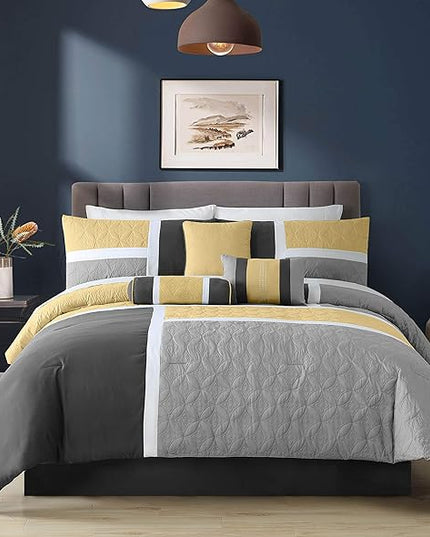 Chezmoi Collection Upland 7-Piece Quilted Patchwork Comforter Set, Yellow/Charcoal/Gray, Full - LeafyLoom