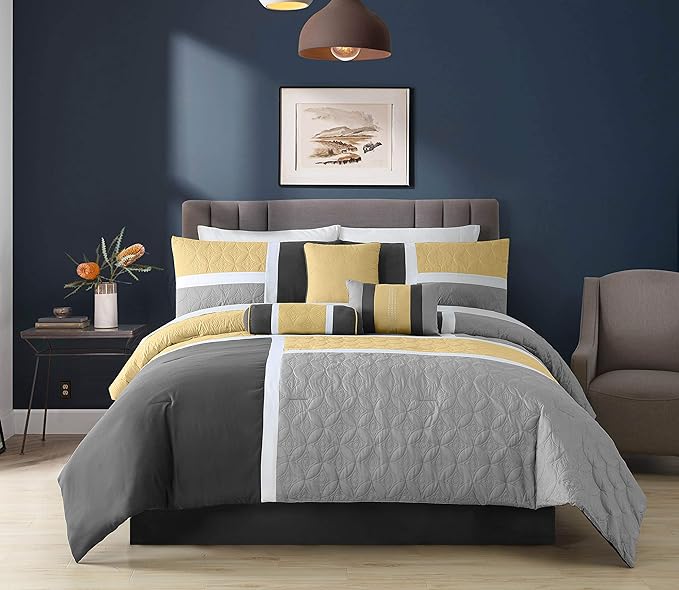 Chezmoi Collection Upland 7-Piece Quilted Patchwork Comforter Set, Yellow/Charcoal/Gray, King - LeafyLoom
