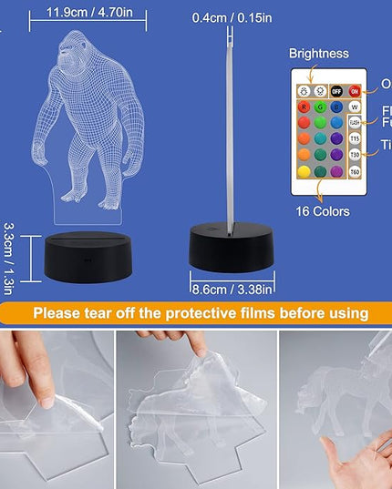 FULLOSUN 3D Night Light Ape Gorilla LED Nightlight Baby Nursery Monkey Lamp for Kids' Room Home Décor Xmas Birthday Gifts with 16 Color Changing - LeafyLoom