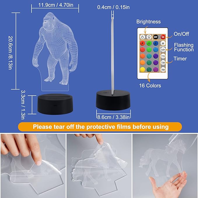 FULLOSUN 3D Night Light Ape Gorilla LED Nightlight Baby Nursery Monkey Lamp for Kids' Room Home Décor Xmas Birthday Gifts with 16 Color Changing - LeafyLoom