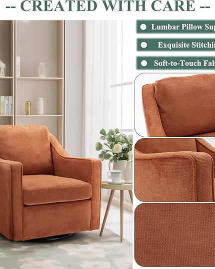 COLAMY 360° Swivel Accent Chair, Upholstered Fabric Leisure Armchair with Lumbar Pillow for Living Room Bedroom Home Office, Orange - LeafyLoom