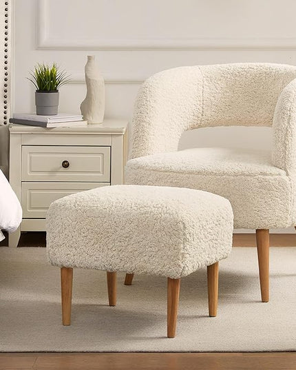 Accent Chair with Ottoman Teddy Fleece Upholstered Armchair Mid-century Modern Comfortable Chairs and Ottoman Set with Wooden Legs for Living Room, Bedroom(Beige) - LeafyLoom