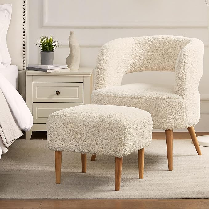 Accent Chair with Ottoman Teddy Fleece Upholstered Armchair Mid-century Modern Comfortable Chairs and Ottoman Set with Wooden Legs for Living Room, Bedroom(Beige) - LeafyLoom