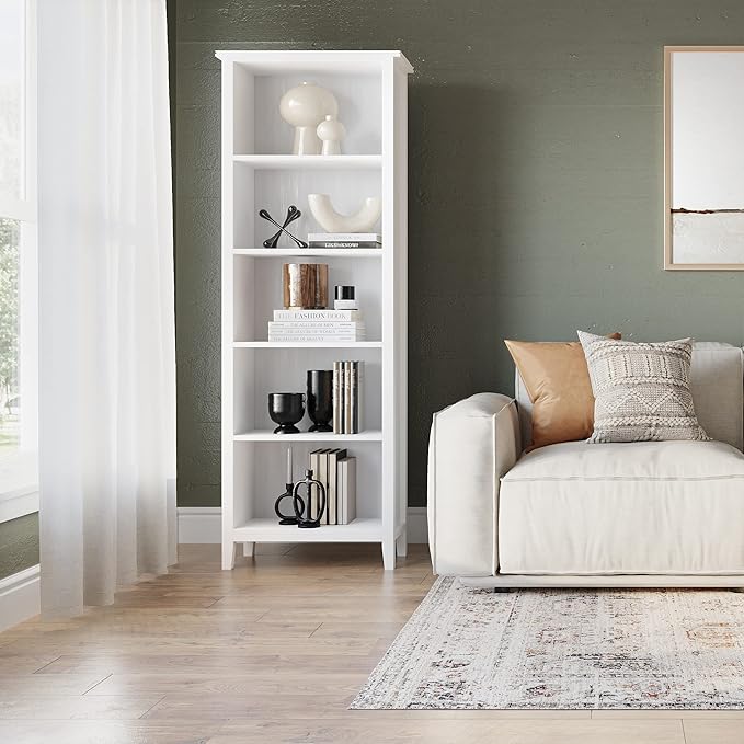 SIMPLIHOME Artisan SOLID WOOD 26 Inch Contemporary 5 Shelf Bookcase in White, For the Living Room, Study Room and Office - LeafyLoom