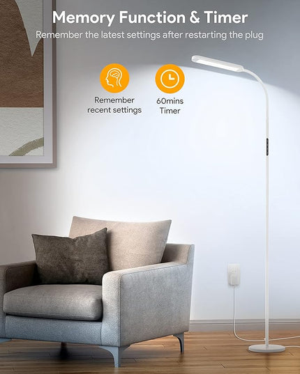 MediAcous Floor Lamp, LED Floor Lamp with Remote, 5 Colors & 5 Brightness & Stepless Adjustable Standing Lamp Work with Wall Switch,1H Timer, Memory Function, Gooseneck for Living Room Bedroom, White - LeafyLoom