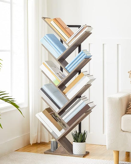 HOOBRO Tree Bookshelf, 9-Tier Bookcase Wooden Shelves, Floor Standing Storage Rack, for Display of CDs, Books in Living Room, Home Office, Wood Storage Rack for Bedroom, Greige BG08SJ01G1 - LeafyLoom