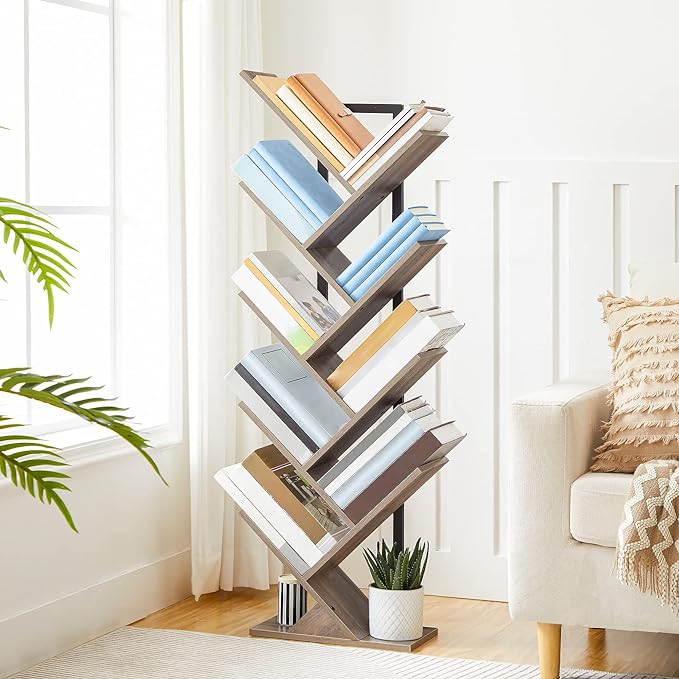 HOOBRO Tree Bookshelf, 9-Tier Bookcase Wooden Shelves, Floor Standing Storage Rack, for Display of CDs, Books in Living Room, Home Office, Wood Storage Rack for Bedroom, Greige BG08SJ01G1 - LeafyLoom