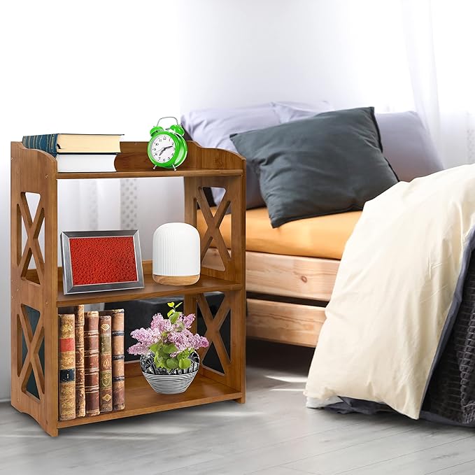 Bookcase by Natural Wood, 3 Tier Bookshelf, Small Book Shelves Freestanding Display Storage Shelves. Open Bookshelf for Bedroom, Living Room and Office (Brown, 3 Tier) - LeafyLoom