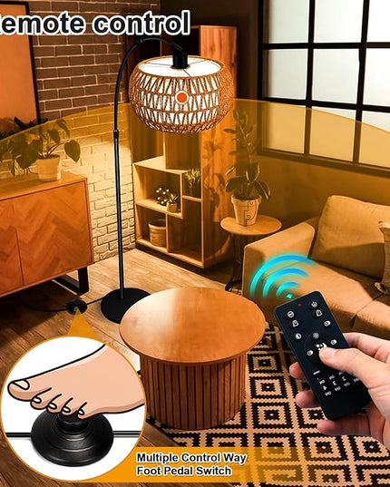 Arc Floor Lamp for Living Room, 3 Color Temperatures Farmhouse Standing Lamps with Remote & Dimmable Bulb, Rattan Boho Floor Lamp with Fabric Shades, Adjustable Tall Lamp for Bedroom Office - LeafyLoom