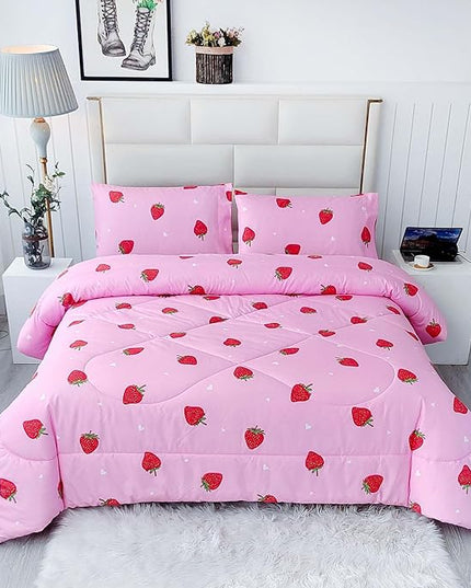 SDY 3PCS Full Size Strawberry Comforter Set, Girls Full Size Comforter Sets, Strawberry Bedroom Decor Cute Comforter Set, Kawaii Bedding Set Pink Comforter for Kids, Children, Teen… - LeafyLoom
