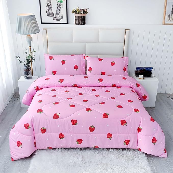 SDY 3PCS Twin Size Strawberry Comforter Set, Pink Bed Set Bed in a Bag, Princess Twin Bedding Set, Kawaii Room Decor, Strawberry Bedding Kids Twin Size Comforter Set for Girls, Teen… - LeafyLoom